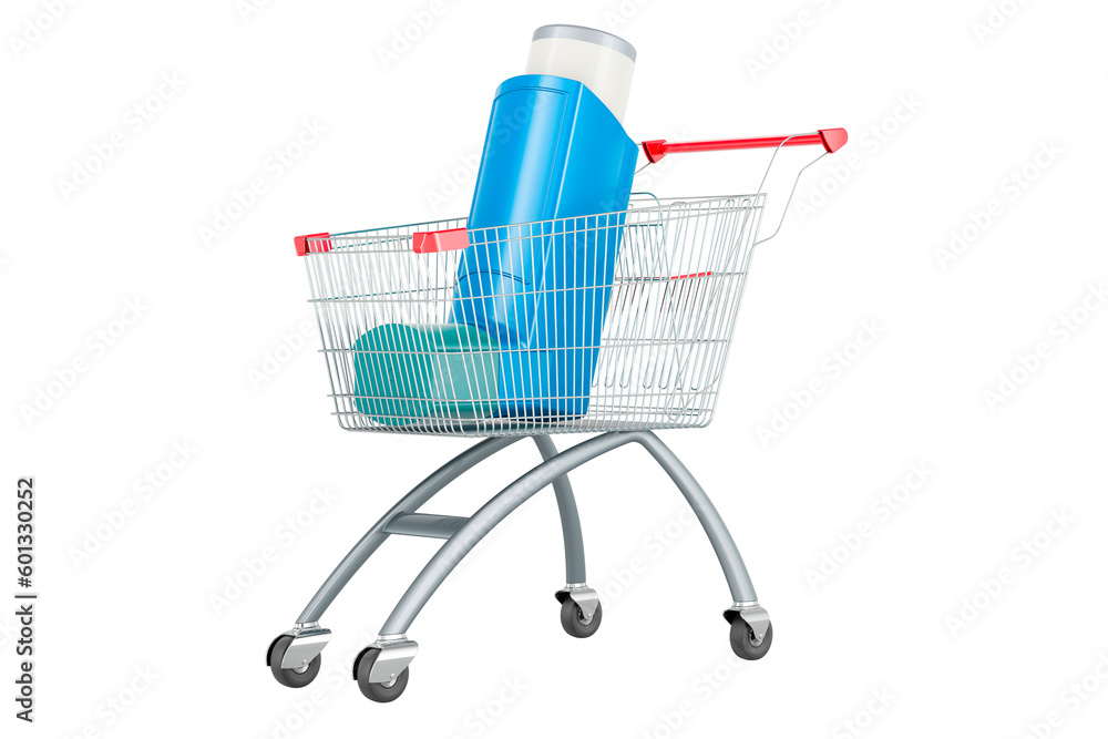 Poster metered-dose inhaler, mdi with shopping cart. 3d rendering