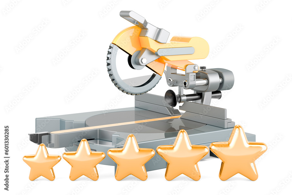 Poster table circular saw with five golden stars. 3d rendering