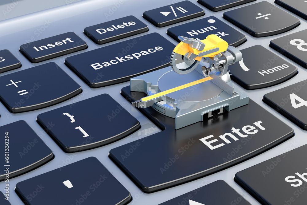 Poster table circular saw on laptop keyboard. 3d rendering