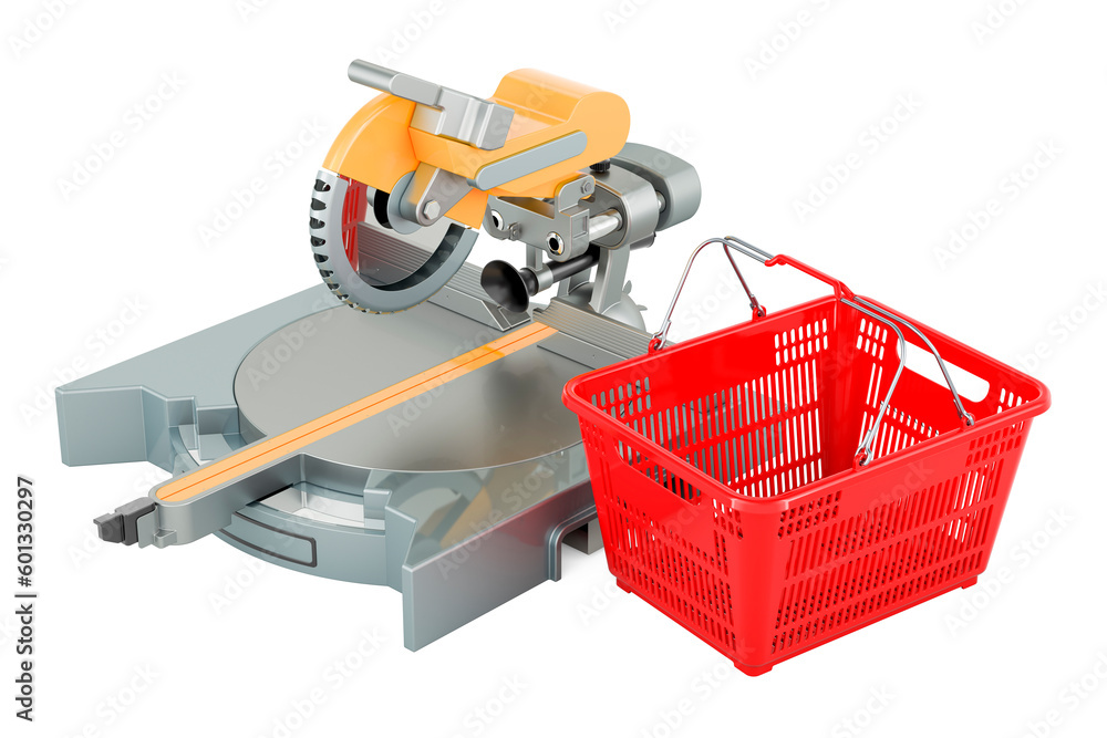 Poster table circular saw with shopping basket. 3d rendering