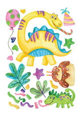 set elements of cute dino cartoon watercolor
