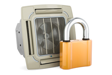 Ceiling Cassette Unit, Indoor Unit of Air Condition with padlock. 3D rendering