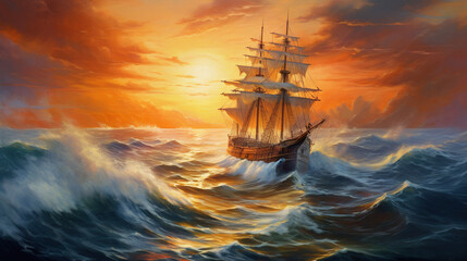 Fototapeta na wymiar Ship in the sea oil painting. Fine art wallpaper. AI