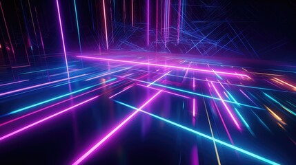 Abstract futuristic neon light background. Stage room with neon led lines illustration. Generative AI