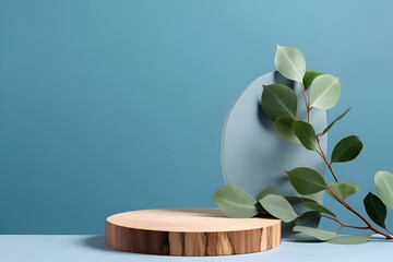 Wood slice with eucalyptus leaves on blue background. Mockup  for cosmetic products