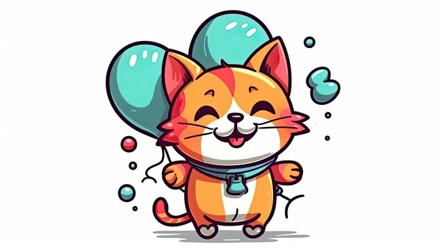 Cartoon cat smile with air balloons on a white background. Isolated cute kitty sticker illustration. Generative AI