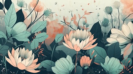 Drawing flowers illustration. Elegant floral background. Beautiful blossom flower art. Generative AI