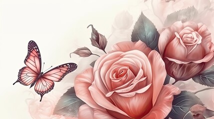 Rose flowers with butterfly. Floral botanical illustration. Houseplant blooming background. Generative AI