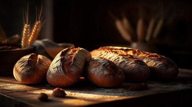 Naklejka Homemade baked baguette bread on kitchen table. Freshly breakfast bakery food. Generative AI