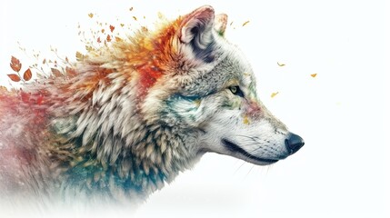 Realistic portrait of a wolf head. Double exposure illustration of animal with leaves. Generative AI