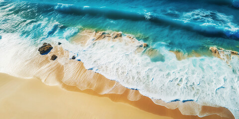 Fototapeta premium Ocean waves on sandy beach as a background. Aerial top down view of beach or sea with blue turqouise water 