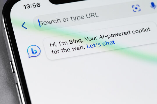 Microsoft Bing (Chat with AI and GPT-4) interface mobile app on the screen smartphone iPhone. Microsoft Bing is a search engine developed by Microsoft. Batumi, Georgia - April 22, 2023