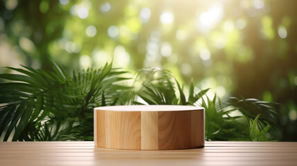 Wooden product display podium with blurred tropical palm leaves background. Generative Ai