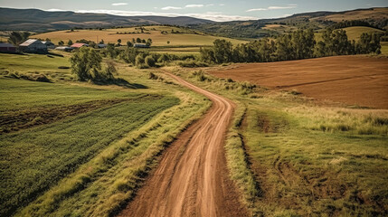 Fototapeta premium Aerial image of a dirt road near a farm. Generative Ai