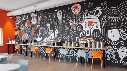 Coffee shop interior with a striking mural on one of the walls. Generative AI