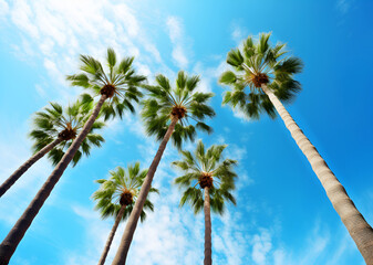 Obraz premium Palms and blue sky view from down. Background or Mock up 