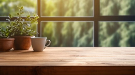 Background of a wood table and a window with light. Generative Ai