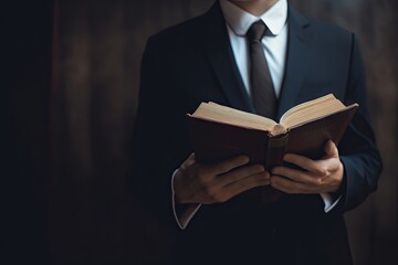 Businessman studying a book. Closeup of a male in a suit reading for work. Generative AI illustrations.