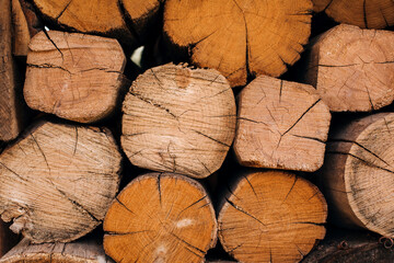 Natural wooden textured background. Large old logs with scuffs and cracks are stacked. Front view