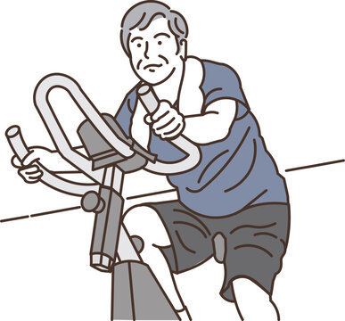 recommend clip art: ジムでエアロバイクを漕ぐ笑顔のシニア男性
                    