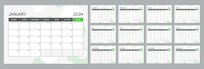 Monthly calendar planner template for 2024 year. Wall calendar schedule in a green minimalist style. Week Starts on Monday