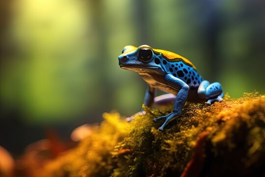 blue poison dart frog sitting on moss during golden hour, ai art, digital photography