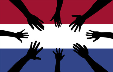 Group of Netherlands people gathering hands vector silhouette, unity or support idea