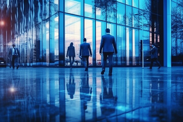 Obraz na płótnie Canvas Business people walking next to an office building, with a blue theme color palette. The artwork captures the professional and dynamic environment of the corporate world. Ai generated