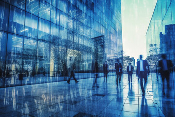 Plakat Business people walking next to an office building, with a blue theme color palette. The artwork captures the professional and dynamic environment of the corporate world. Ai generated