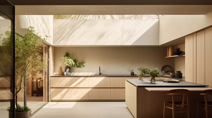 a kitchen with a lot of counter space and plants