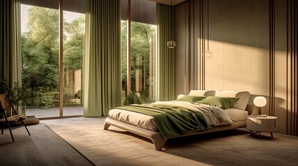 a bedroom with a large bed and green curtains