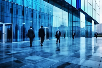 Business people walking next to an office building, with a blue theme color palette. The artwork captures the professional and dynamic environment of the corporate world. Ai generated
