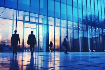 Business people walking next to an office building, with a blue theme color palette. The artwork captures the professional and dynamic environment of the corporate world. Ai generated