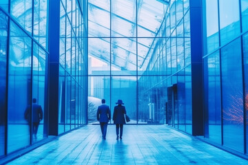 Business people walking next to an office building, with a blue theme color palette. The artwork captures the professional and dynamic environment of the corporate world. Ai generated