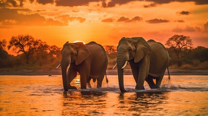 two elephants are walking through the water at sunset