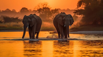 Fototapeta na wymiar two elephants walking into the water at sunset