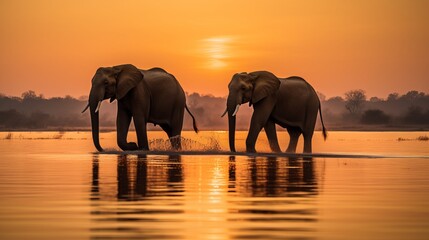 Fototapeta na wymiar two elephants walking across a body of water
