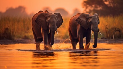Naklejka na ściany i meble a couple of elephants walking across a body of water