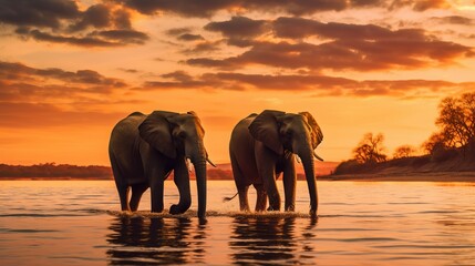 Fototapeta na wymiar two elephants are standing in the water at sunset