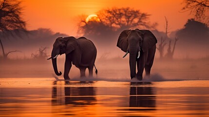 Fototapeta na wymiar a couple of elephants walking across a body of water