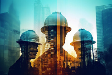 Construction site with workers and cranes, created using a double exposure technique with blue and orange colors. The artwork conveys the sense of progress and growth. Ai generated