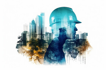 Obraz premium Construction site with workers and cranes, created using a double exposure technique with blue and orange colors. The artwork conveys the sense of progress and growth. Ai generated