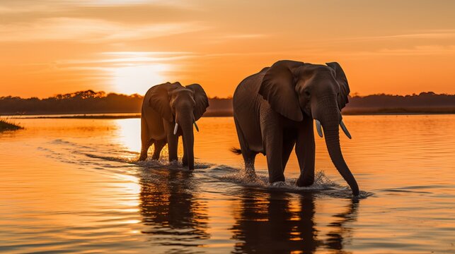 two elephants walking in the water at sunset