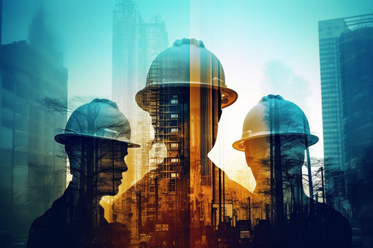 Construction site with workers and cranes, created using a double exposure technique with blue and orange colors. The artwork conveys the sense of progress and growth. Ai generated