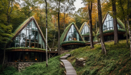 eco houses in the forest. hotel in the forest .High quality Generative AI