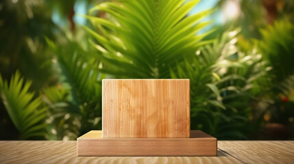 Wooden product display podium with blurred tropical palm leaves background. Generative Ai