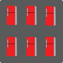 Modern fridges set. Realistic red coolers, refrigerators of different size for home or restaurant kitchen and cold products storage. 3d vector illustration