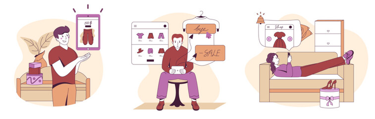 Three people involved in buying goods over Internet