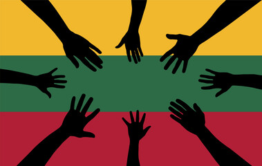 Group of Lithuania people gathering hands vector silhouette, unity or support idea