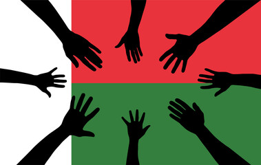 Group of Madagascar people gathering hands vector silhouette, unity or support idea